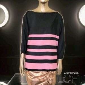 LOFT Navy Blue Pink Stripe Blouson Oversized Blouse Top Sz M